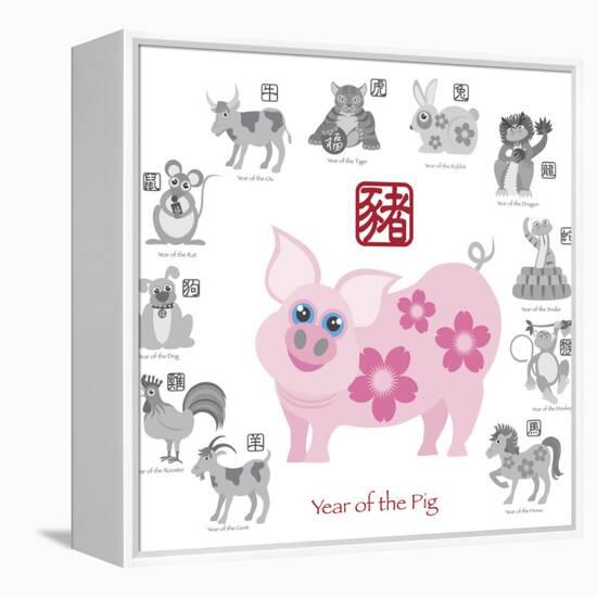 Chinese New Year Pig Color with Twelve Zodiacs Illustration-jpldesigns-Framed Stretched Canvas