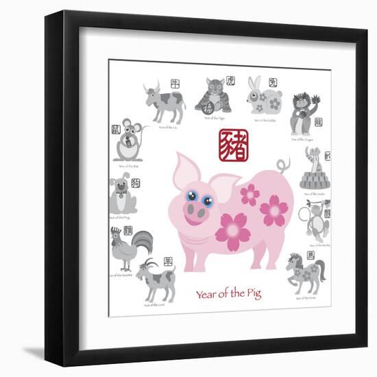 Chinese New Year Pig Color with Twelve Zodiacs Illustration-jpldesigns-Framed Art Print