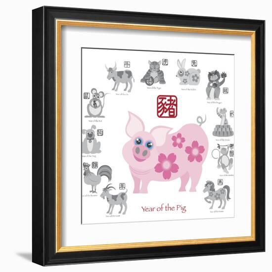 Chinese New Year Pig Color with Twelve Zodiacs Illustration-jpldesigns-Framed Art Print