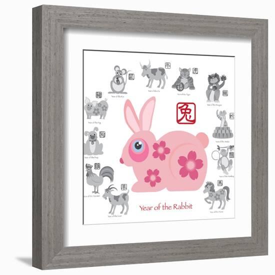 Chinese New Year Rabbit Color with Twelve Zodiacs Illustration-jpldesigns-Framed Art Print