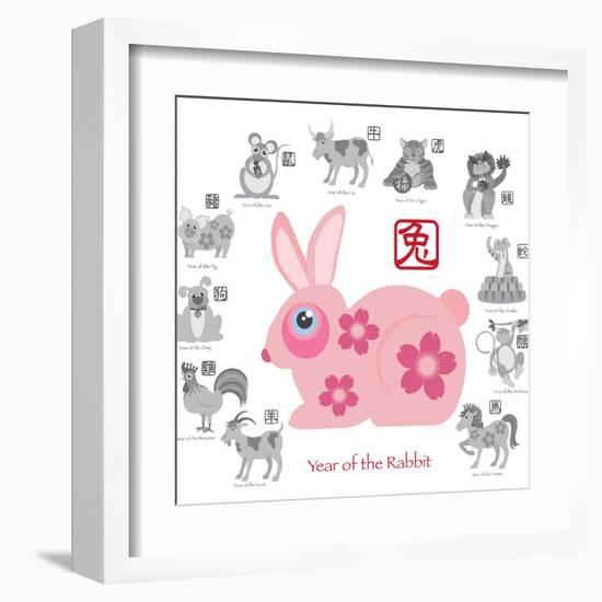 Chinese New Year Rabbit Color with Twelve Zodiacs Illustration-jpldesigns-Framed Art Print