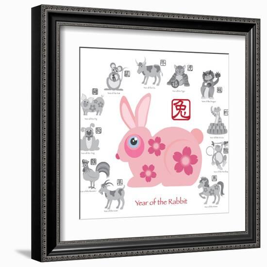 Chinese New Year Rabbit Color with Twelve Zodiacs Illustration-jpldesigns-Framed Art Print