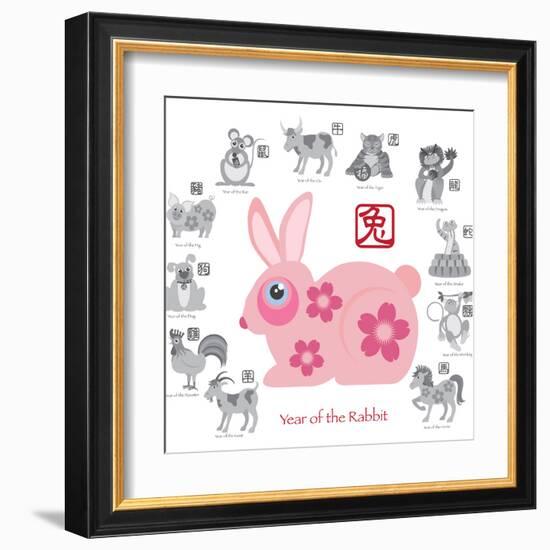 Chinese New Year Rabbit Color with Twelve Zodiacs Illustration-jpldesigns-Framed Art Print