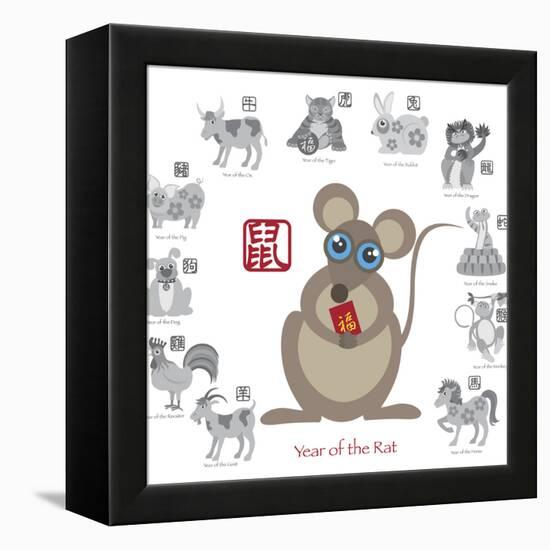 Chinese New Year Rat Color with Twelve Zodiacs Illustration-jpldesigns-Framed Stretched Canvas