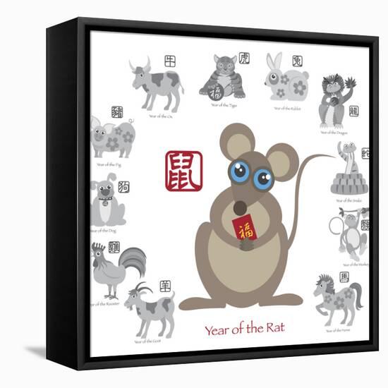 Chinese New Year Rat Color with Twelve Zodiacs Illustration-jpldesigns-Framed Stretched Canvas