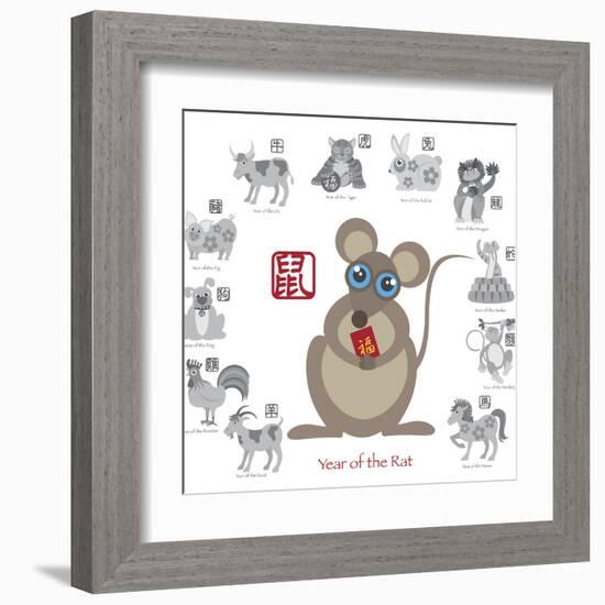 Chinese New Year Rat Color with Twelve Zodiacs Illustration-jpldesigns-Framed Art Print