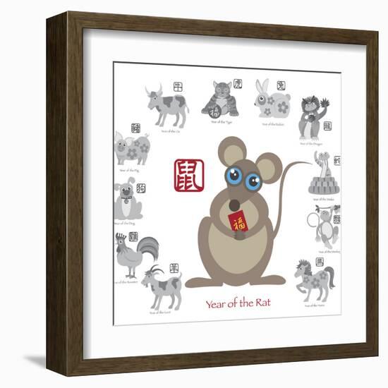 Chinese New Year Rat Color with Twelve Zodiacs Illustration-jpldesigns-Framed Art Print