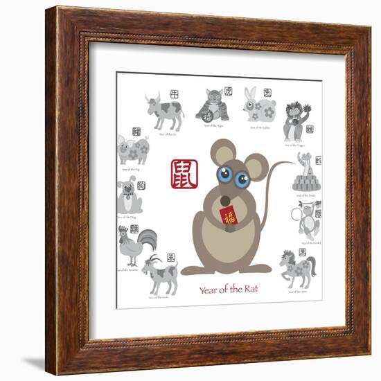 Chinese New Year Rat Color with Twelve Zodiacs Illustration-jpldesigns-Framed Art Print