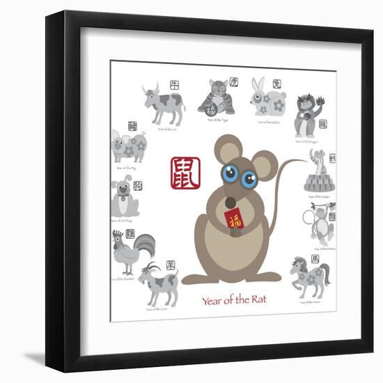 Chinese New Year Rat Color with Twelve Zodiacs Illustration-jpldesigns-Framed Art Print