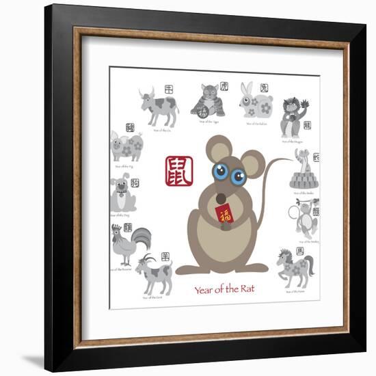 Chinese New Year Rat Color with Twelve Zodiacs Illustration-jpldesigns-Framed Art Print