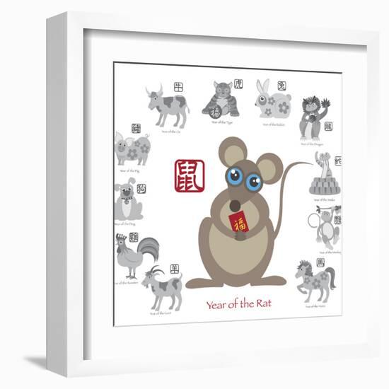 Chinese New Year Rat Color with Twelve Zodiacs Illustration-jpldesigns-Framed Art Print