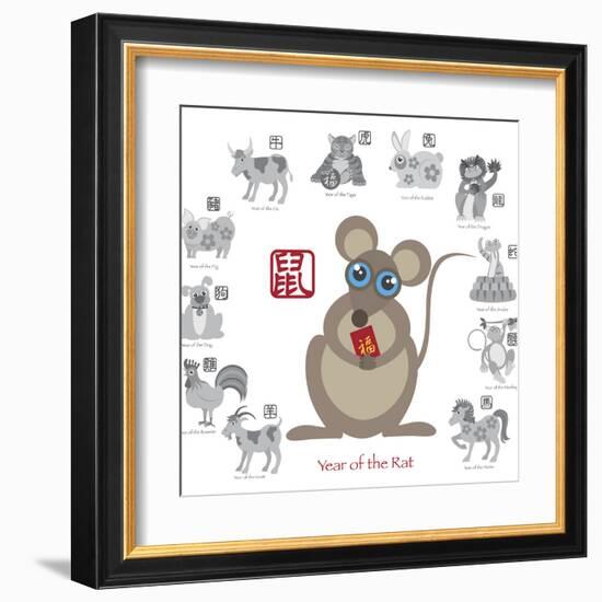 Chinese New Year Rat Color with Twelve Zodiacs Illustration-jpldesigns-Framed Art Print