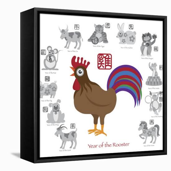 Chinese New Year Rooster Color with Twelve Zodiacs Illustration-jpldesigns-Framed Stretched Canvas