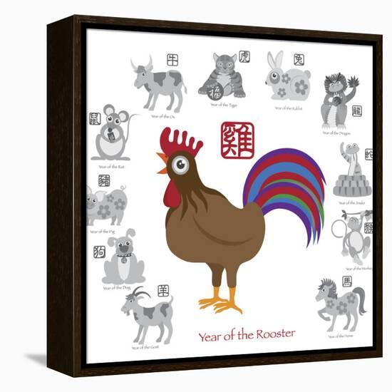 Chinese New Year Rooster Color with Twelve Zodiacs Illustration-jpldesigns-Framed Stretched Canvas