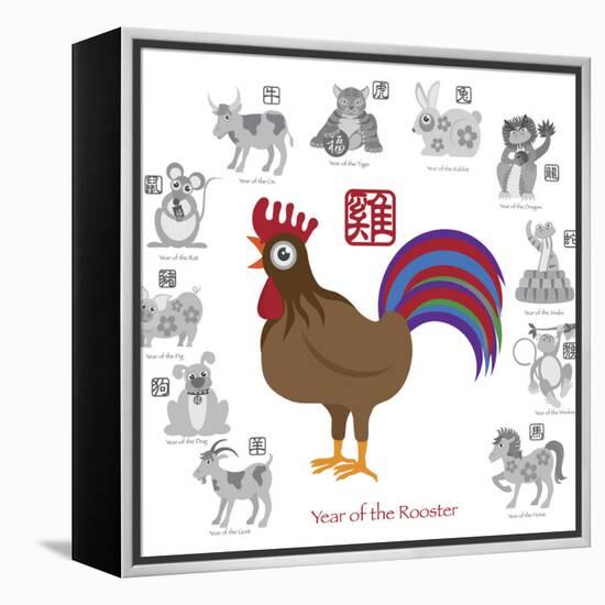 Chinese New Year Rooster Color with Twelve Zodiacs Illustration-jpldesigns-Framed Stretched Canvas