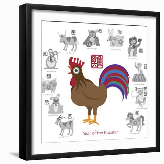 Chinese New Year Rooster Color with Twelve Zodiacs Illustration-jpldesigns-Framed Premium Giclee Print