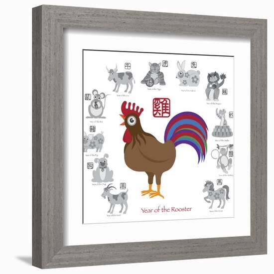 Chinese New Year Rooster Color with Twelve Zodiacs Illustration-jpldesigns-Framed Art Print