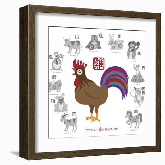 Chinese New Year Rooster Color with Twelve Zodiacs Illustration-jpldesigns-Framed Art Print