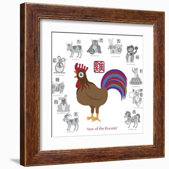 Chinese New Year Rooster Color with Twelve Zodiacs Illustration-jpldesigns-Framed Art Print