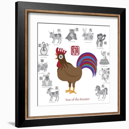 Chinese New Year Rooster Color with Twelve Zodiacs Illustration-jpldesigns-Framed Art Print