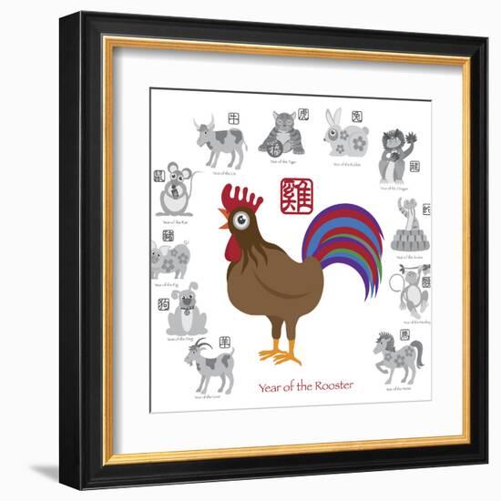 Chinese New Year Rooster Color with Twelve Zodiacs Illustration-jpldesigns-Framed Art Print