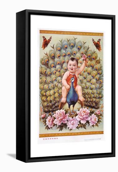 Chinese New Year's Poster with Baby Boy Riding Peacock-null-Framed Premier Image Canvas