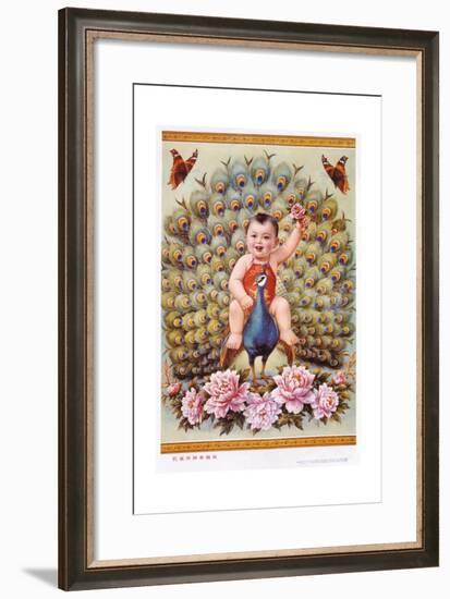 Chinese New Year's Poster with Baby Boy Riding Peacock-null-Framed Giclee Print