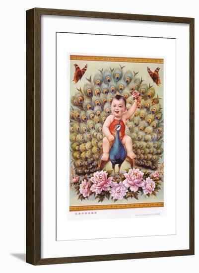 Chinese New Year's Poster with Baby Boy Riding Peacock-null-Framed Giclee Print