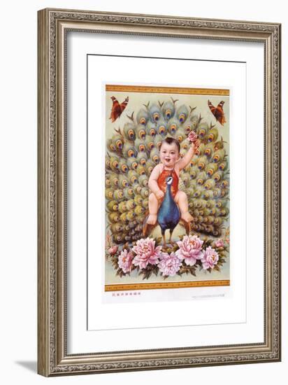 Chinese New Year's Poster with Baby Boy Riding Peacock-null-Framed Giclee Print