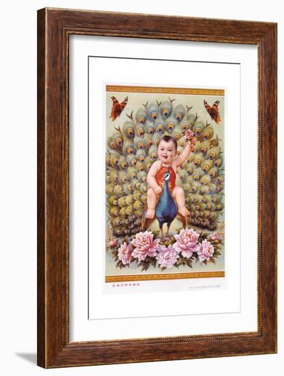 Chinese New Year's Poster with Baby Boy Riding Peacock-null-Framed Giclee Print