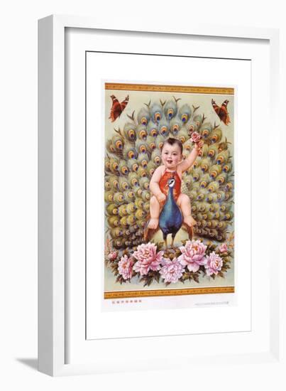 Chinese New Year's Poster with Baby Boy Riding Peacock-null-Framed Giclee Print