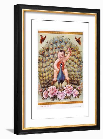 Chinese New Year's Poster with Baby Boy Riding Peacock-null-Framed Giclee Print