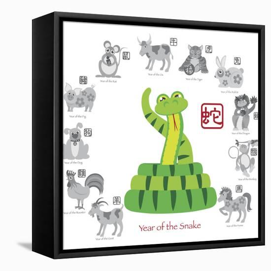 Chinese New Year Snake Color with Twelve Zodiacs Illustration-jpldesigns-Framed Stretched Canvas