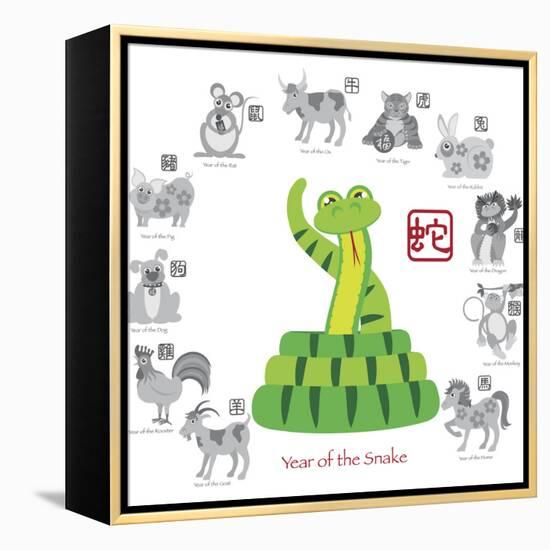 Chinese New Year Snake Color with Twelve Zodiacs Illustration-jpldesigns-Framed Stretched Canvas