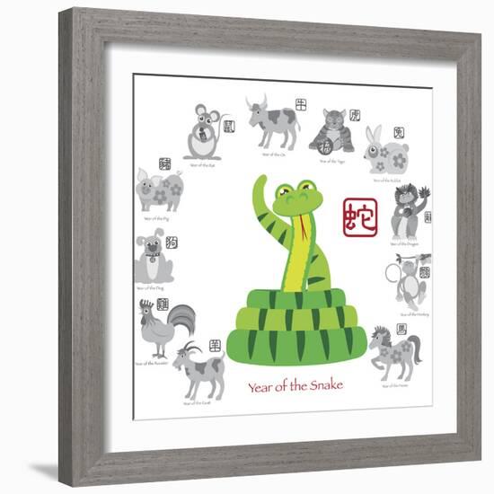 Chinese New Year Snake Color with Twelve Zodiacs Illustration-jpldesigns-Framed Premium Giclee Print