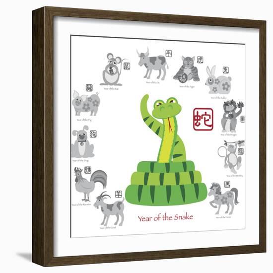 Chinese New Year Snake Color with Twelve Zodiacs Illustration-jpldesigns-Framed Premium Giclee Print