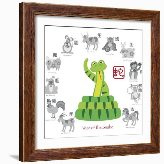 Chinese New Year Snake Color with Twelve Zodiacs Illustration-jpldesigns-Framed Premium Giclee Print