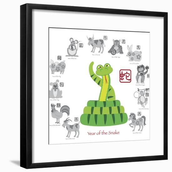 Chinese New Year Snake Color with Twelve Zodiacs Illustration-jpldesigns-Framed Premium Giclee Print