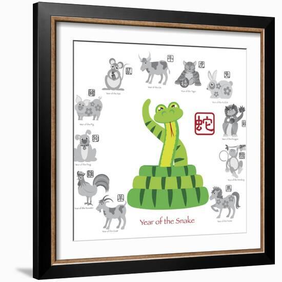 Chinese New Year Snake Color with Twelve Zodiacs Illustration-jpldesigns-Framed Premium Giclee Print