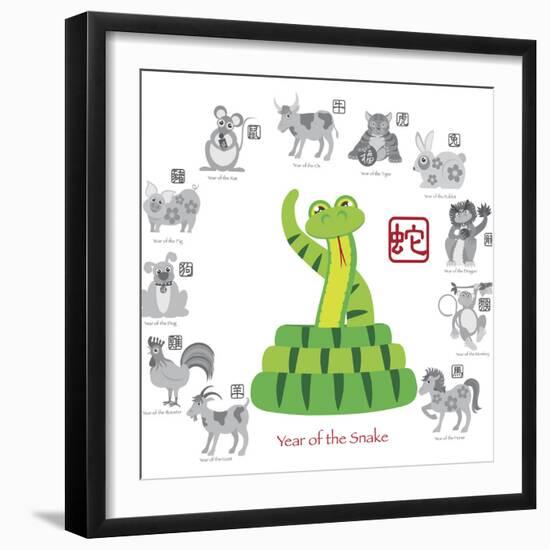 Chinese New Year Snake Color with Twelve Zodiacs Illustration-jpldesigns-Framed Premium Giclee Print