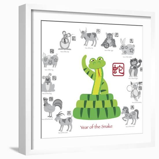 Chinese New Year Snake Color with Twelve Zodiacs Illustration-jpldesigns-Framed Premium Giclee Print