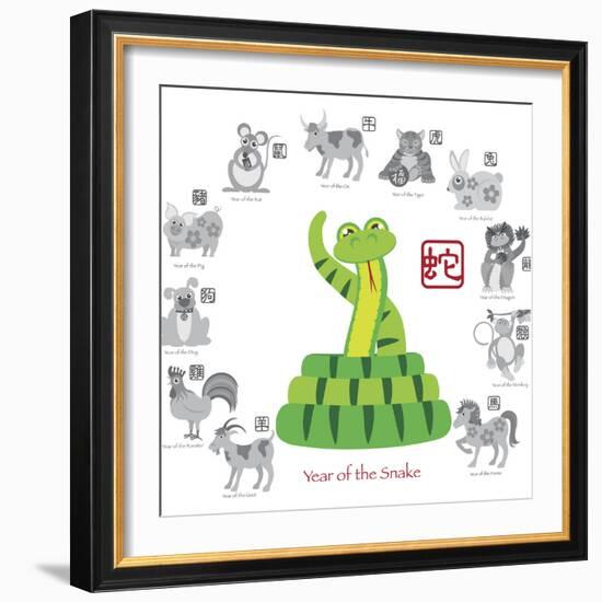 Chinese New Year Snake Color with Twelve Zodiacs Illustration-jpldesigns-Framed Premium Giclee Print