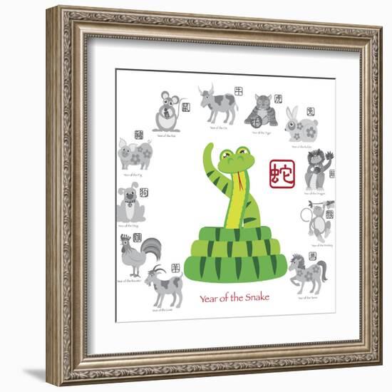 Chinese New Year Snake Color with Twelve Zodiacs Illustration-jpldesigns-Framed Art Print