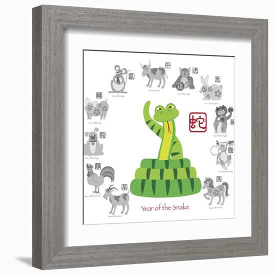 Chinese New Year Snake Color with Twelve Zodiacs Illustration-jpldesigns-Framed Art Print