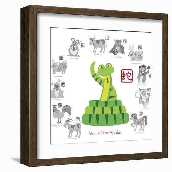 Chinese New Year Snake Color with Twelve Zodiacs Illustration-jpldesigns-Framed Art Print