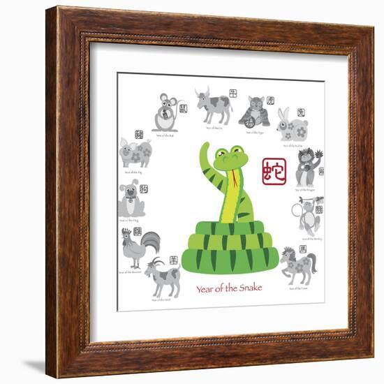 Chinese New Year Snake Color with Twelve Zodiacs Illustration-jpldesigns-Framed Art Print