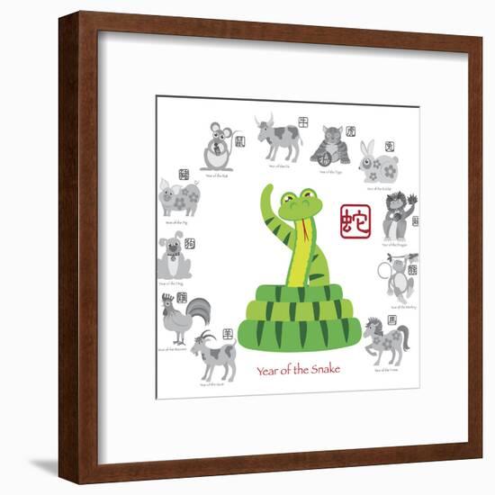 Chinese New Year Snake Color with Twelve Zodiacs Illustration-jpldesigns-Framed Art Print