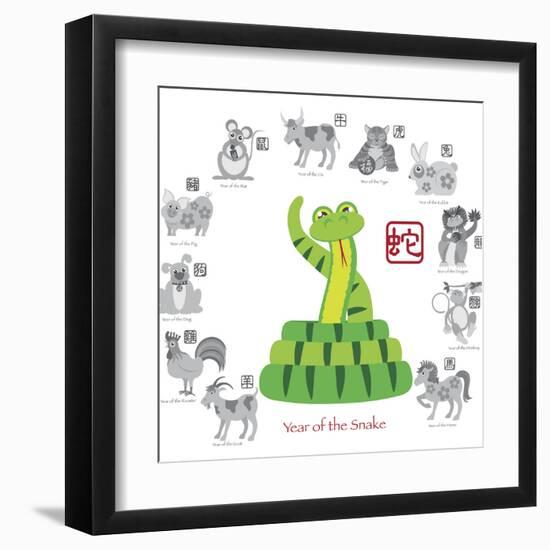 Chinese New Year Snake Color with Twelve Zodiacs Illustration-jpldesigns-Framed Art Print