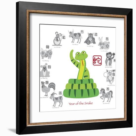 Chinese New Year Snake Color with Twelve Zodiacs Illustration-jpldesigns-Framed Art Print