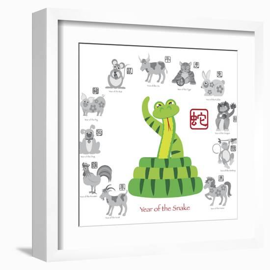 Chinese New Year Snake Color with Twelve Zodiacs Illustration-jpldesigns-Framed Art Print